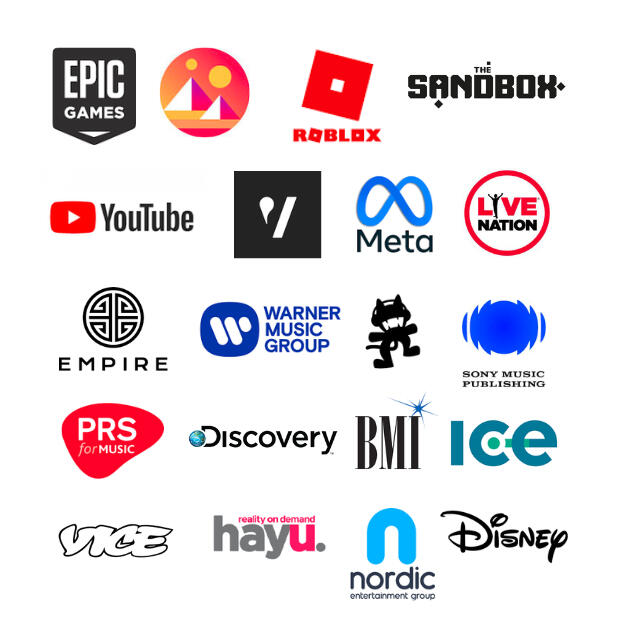 Brands performing rights clients, PRS, bmi, epic games, Roblox, Disney, VOD, game, discovery, Hayu, toonix, Warner, universal, UMG, WMG, empire, Sony, label, publisher, song, master, social media, YouTube, decentraland